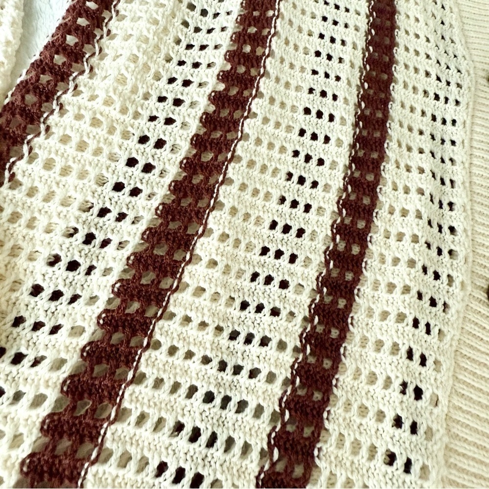 Women’s Knitted Cardigan Long Sleeve Button Up Crochet Striped Cardigan Sweater - Picture 5 of 10